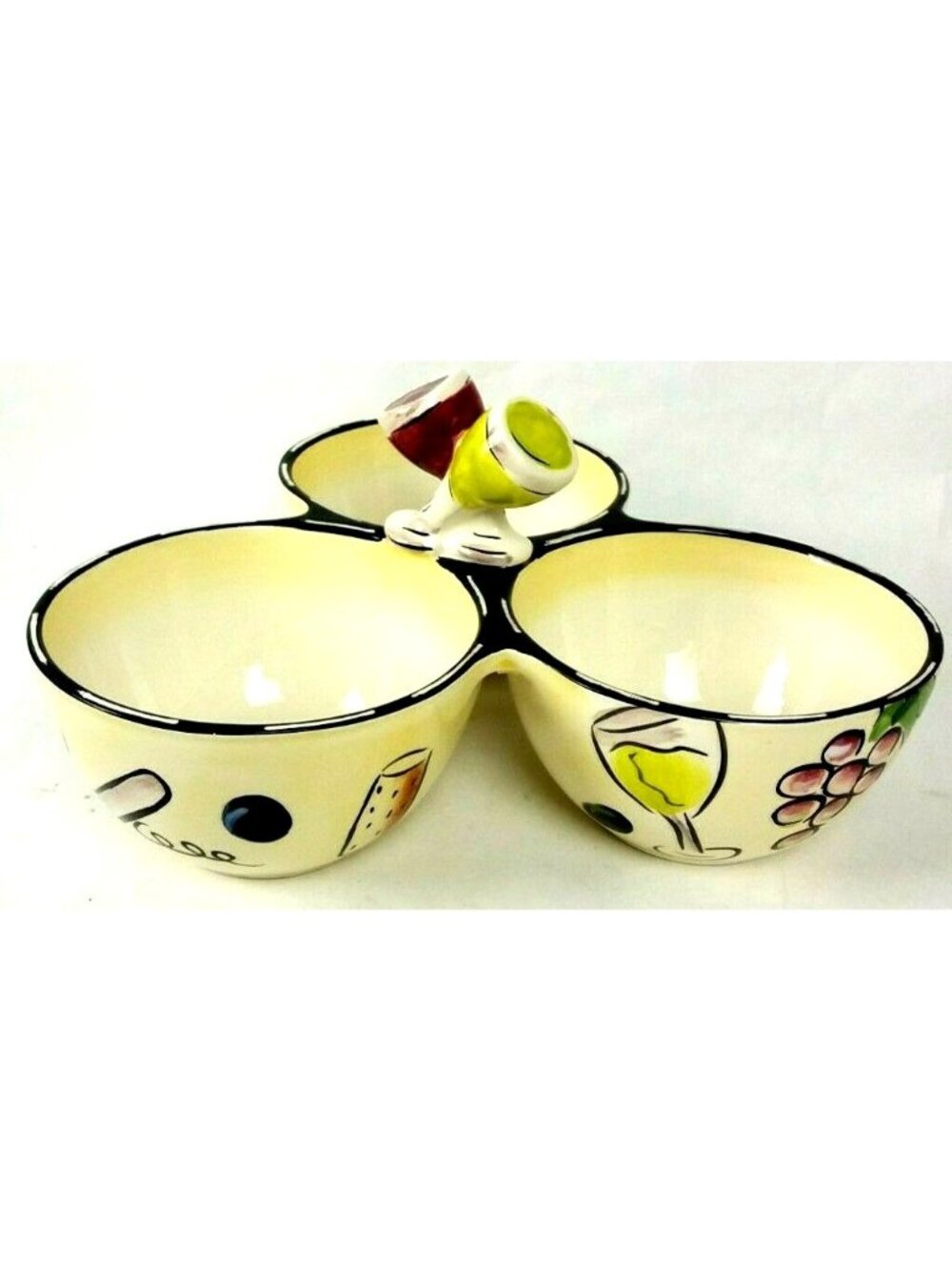 Condiment Dip Dish Server Clay Art Buon Vino Ceramic Compartment Entertaining